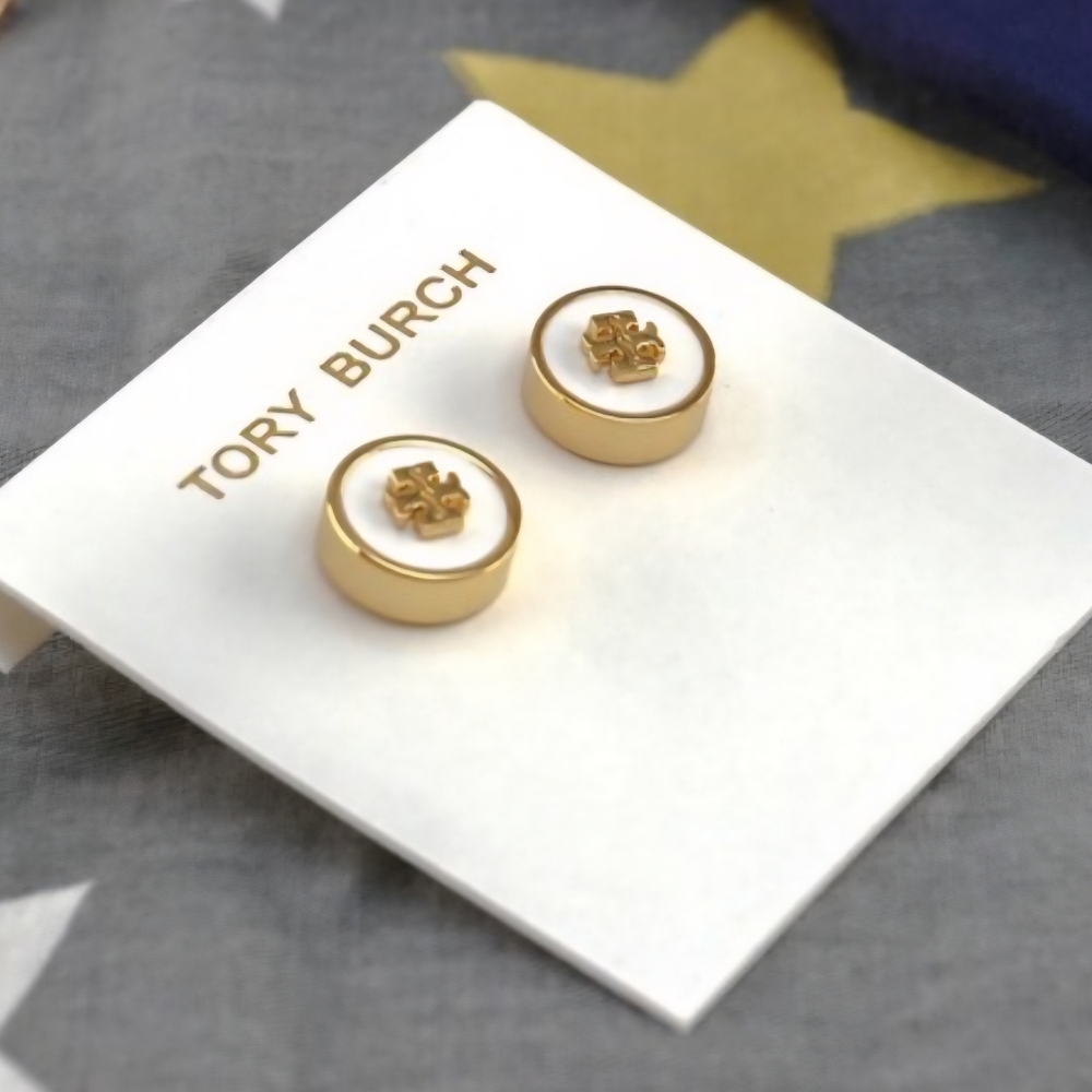 Tory Burch Gold and White Kids Stud Earrings